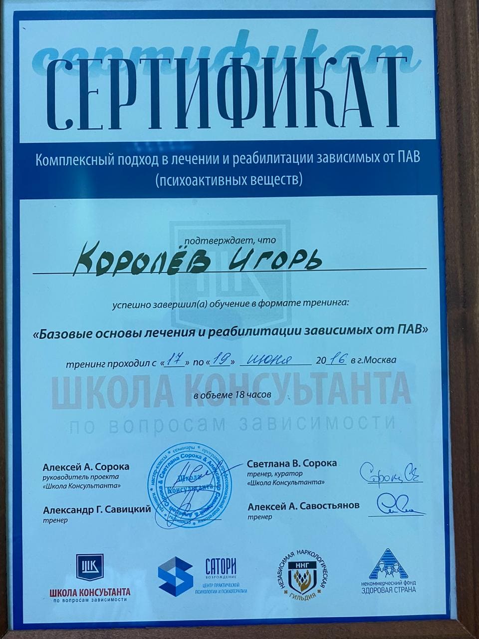 Сертификат тренинга базовые основы лечения и реабилитациии зависимых от ПАВ - психоактивных веществ, Королева Игоря Дмитриевича Сертификат тренинга, базовые основы лечения и реабилитациии зависимых от ПАВ - психоактивных веществ, Королева Игоря Дмитриевича - психолога - аддиктолога - мотиватора Майпсихелс, Mypsyhealth